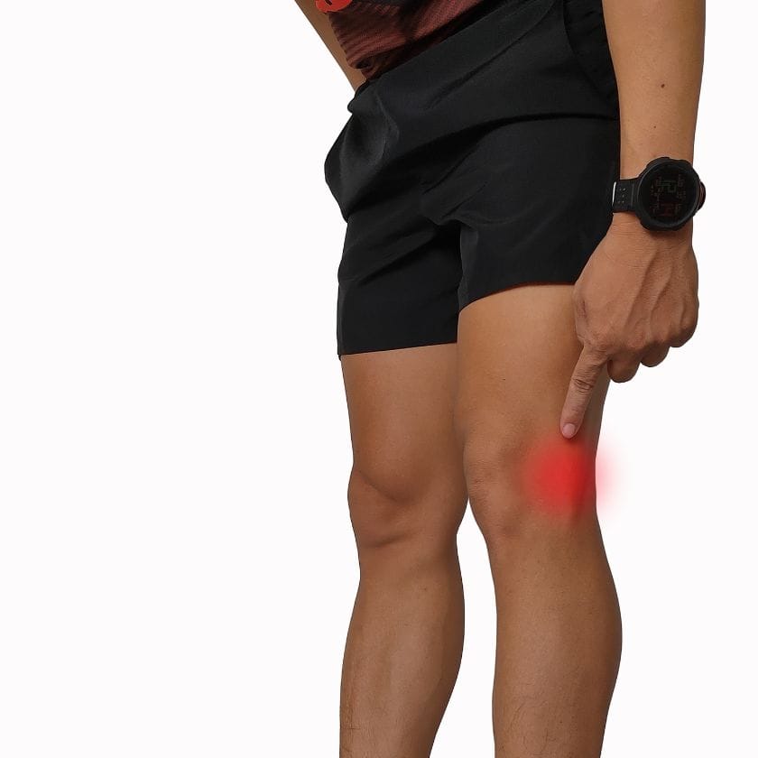 Iliotibial Band Syndrome (ITBS) A picture of a man pointing to where the pain on the outside of his knee is