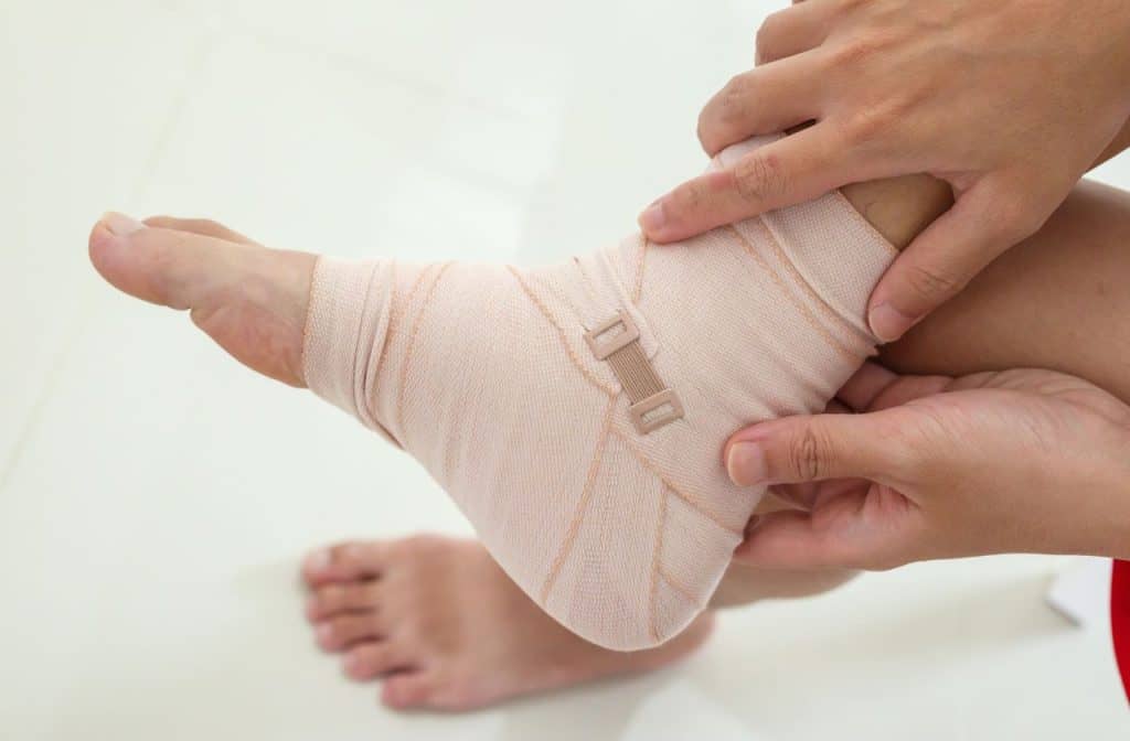 ankle sprains can be treated with rest, icing, elevation and compression bandaging
